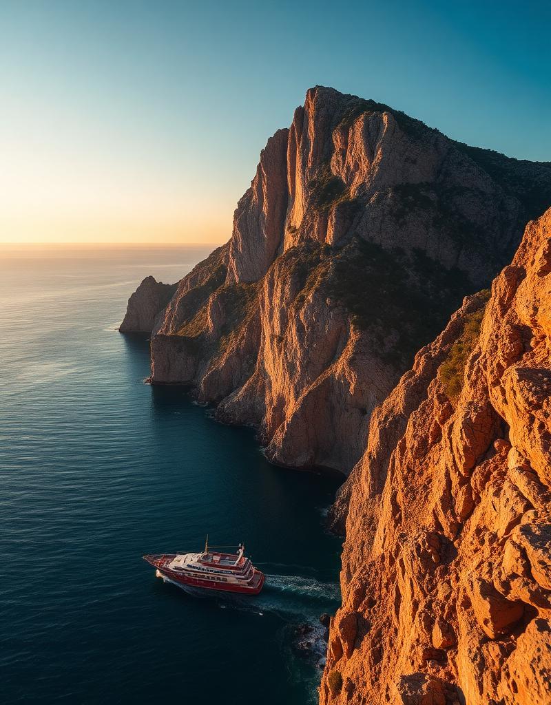 Rock of Gibraltar rising from Mediterranean sea at sunset