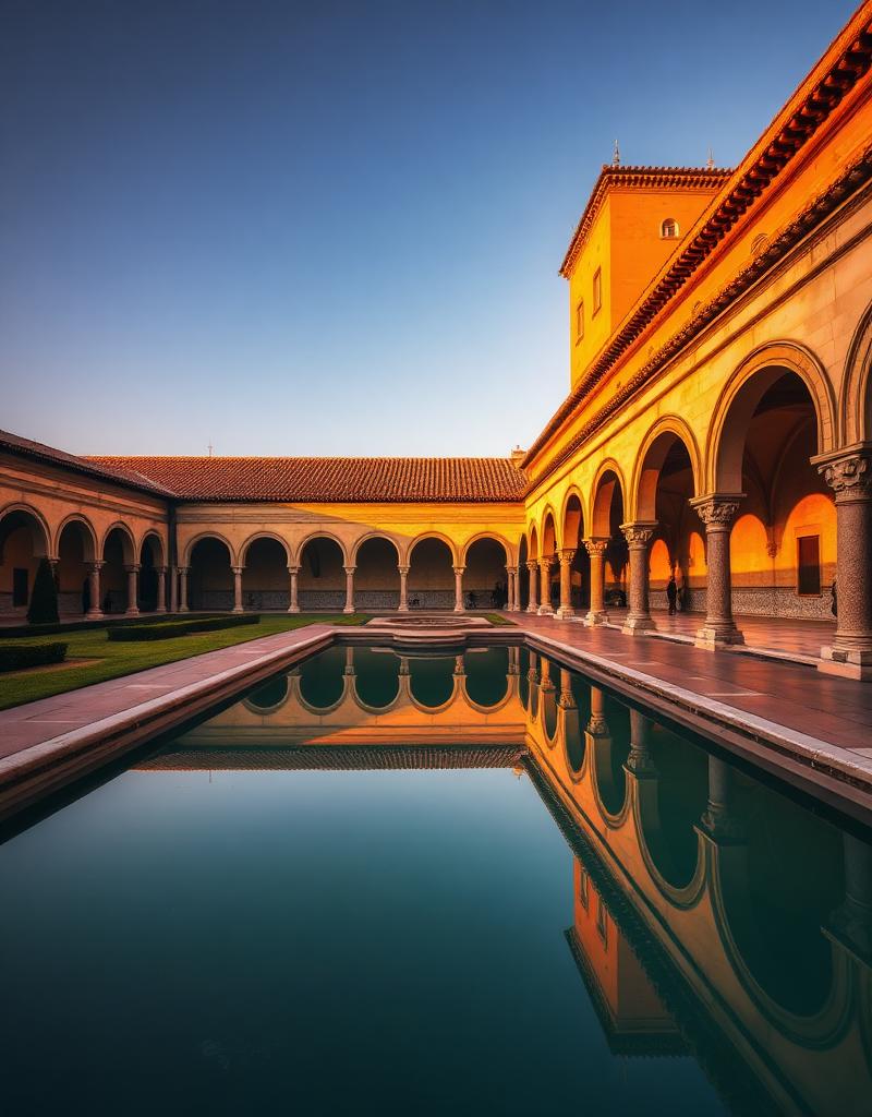 Alhambra palace Granada with reflecting pool at golden hour